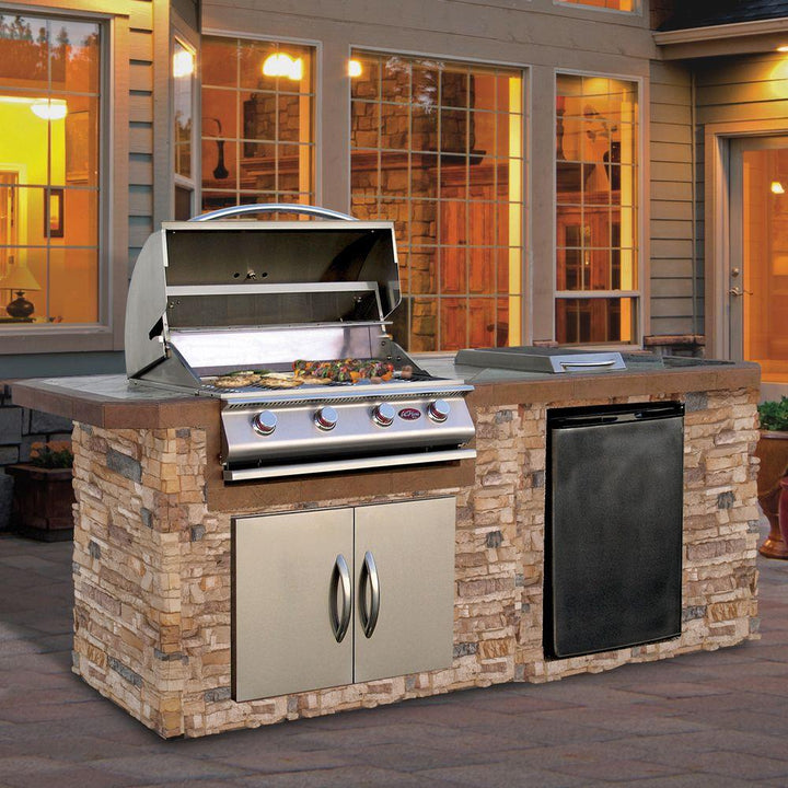 Cal Flame 7 Foot Bbq Grill Island With P4 Four Burner Gas Grill, Fridge, Rotisserie Kit - LBK710 Outdoor Kitchen Cal Flame   